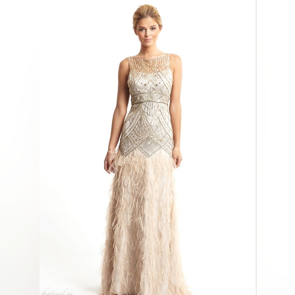 Sue Wong feather art Deco wedding dress